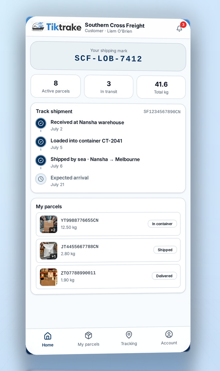 TikTrake customer dashboard screenshot listing personal parcels with warehouse photo thumbnails, total weight and container status