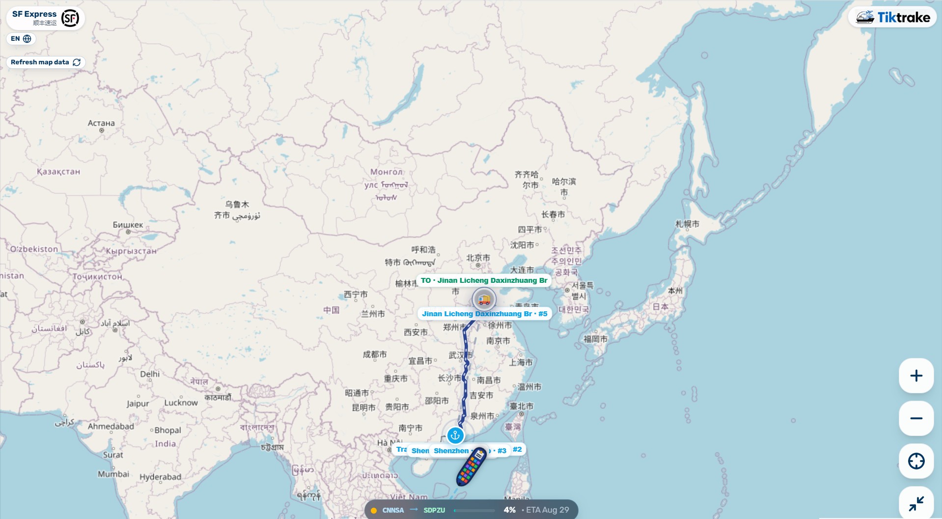 TikTrake domestic tracking map inside China showing an SF Express parcel route from Shenzhen north to Jinan Licheng Daxinzhuang Branch with live stops and a progress bar