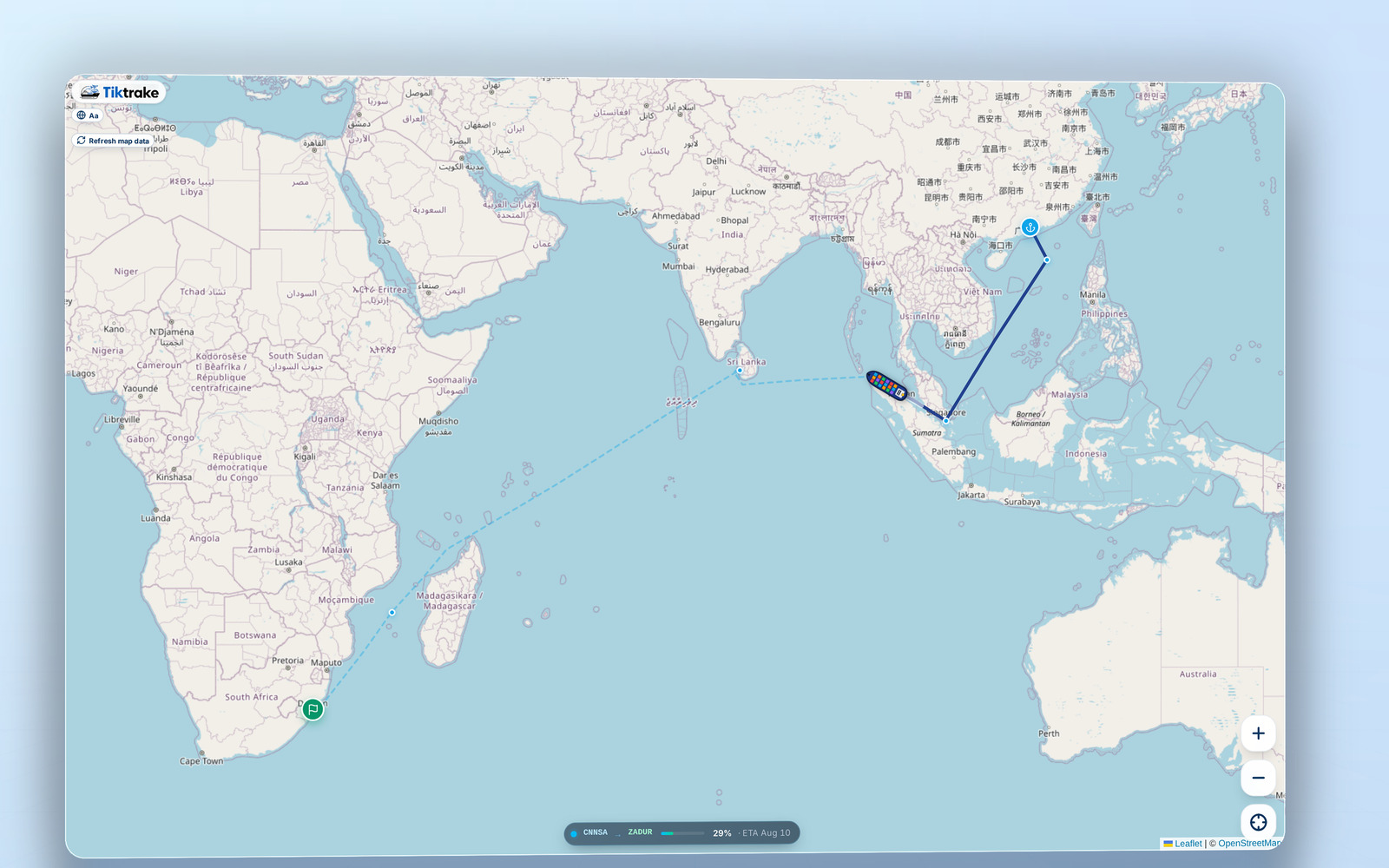 TikTrake overseas container tracking screen showing a Nansha to Durban South Africa voyage with a Singapore transshipment stop