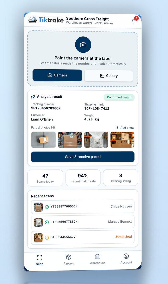 TikTrake warehouse worker screen with AI label scanning, extracted tracking number, shipping mark, matched customer and the four saved parcel photos